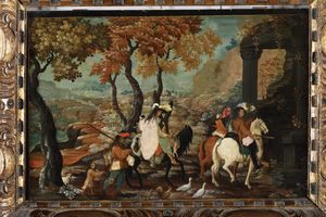Scuola olandese del XVIII secolo Paesaggi con scene di genere  - Asta Dipinti Antichi - Associazione Nazionale - Case d'Asta italiane