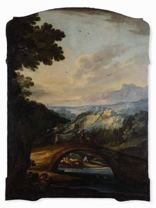 Scuola del XVIII secolo Paesaggio fluviale con ponte e pastori  - Asta Dipinti Antichi - Associazione Nazionale - Case d'Asta italiane