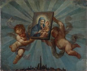 Scuola del XVIII secolo Putti che reggono l'effigie della Vergine con il Bambino  - Asta Dipinti Antichi - Associazione Nazionale - Case d'Asta italiane