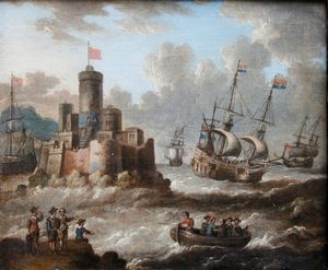 Peter van de Velde : Marina con velieri e isola fortificata  - Asta Dipinti Antichi - Associazione Nazionale - Case d'Asta italiane