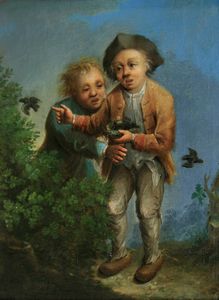 Johann Conrad Seekatz : Giovani contadini che giocano con uccellini in un nido  - Asta Dipinti Antichi - Associazione Nazionale - Case d'Asta italiane