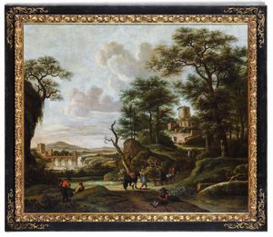 Dionijs Verburgh : Paesaggio con contadini e architetture sullo sfondo  - Asta Dipinti Antichi - Associazione Nazionale - Case d'Asta italiane