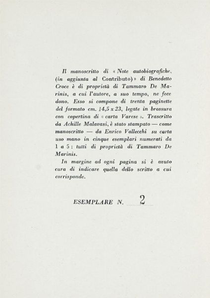 BENEDETTO CROCE : Note autobiografiche.  - Asta Libri, autografi e manoscritti - Associazione Nazionale - Case d'Asta italiane