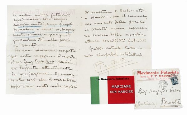 Filippo Tommaso Marinetti : Lettera firmata F.T. Marinetti inviata a Luigi Cesare Margaglio.  - Asta Libri, autografi e manoscritti - Associazione Nazionale - Case d'Asta italiane