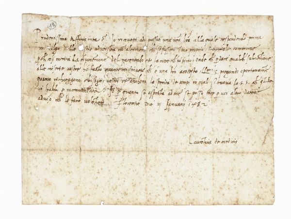 LORENZO MEDICI (DETTO IL MAGNIFICO) : Lettera firmata Laurentius de Medicis inviata a Ferrara a Luigia Strozzi.  - Asta Libri, autografi e manoscritti - Associazione Nazionale - Case d'Asta italiane