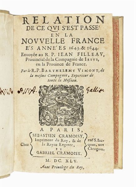 BARTHLEMY VIMONT : Relation de ce qui s'est pass en la Nouvelle France, s annes 1643 & 1644.  - Asta Libri, autografi e manoscritti - Associazione Nazionale - Case d'Asta italiane
