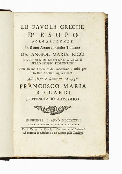 AESOPUS : Fabulae, Quorum nomina sequenti pagella videre licet...  - Asta Libri, autografi e manoscritti - Associazione Nazionale - Case d'Asta italiane