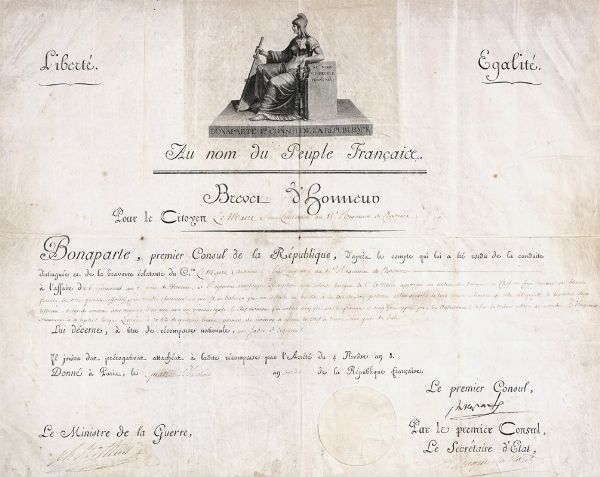 NAPOL�ON - IMPERATORE DEI FRANCESI : Brevet d'honneur con firma autografa Bonaparte.  - Asta Libri, autografi e manoscritti - Associazione Nazionale - Case d'Asta italiane
