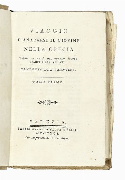 JEAN JACQUES BARTHLEMY : Viaggio di Anacarsi il Giovane nella Grecia verso la met del quarto secolo avanti l'era volgare. Tradotto dal Francese. Tomo Primo (-Duodecimo).  - Asta Libri, autografi e manoscritti - Associazione Nazionale - Case d'Asta italiane