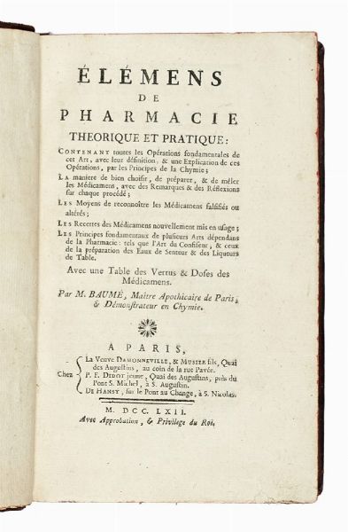 ANTOINE BAUM : Elmens de pharmacie thorique et pratique...  - Asta Libri, autografi e manoscritti - Associazione Nazionale - Case d'Asta italiane