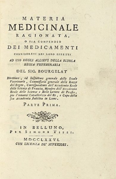 CLAUDE BOURGELAT : Opere veterinarie del sig. Bourgelat... volume primo (-ottavo).  - Asta Libri, autografi e manoscritti - Associazione Nazionale - Case d'Asta italiane