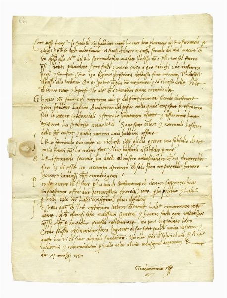GUIDANTONIO VESPUCCI : Lettera autografa firmata Guidantonius Vespucci orato, inviata a Francesco Gaddi presso il Re di Francia.  - Asta Libri, autografi e manoscritti - Associazione Nazionale - Case d'Asta italiane