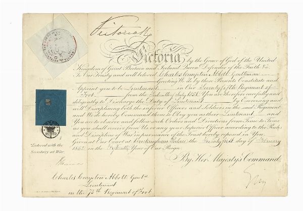 VICTORIA ALEXANDRINA - REGINA DEL REGNO UNITO DI GRAN BRETAGNA E D'IRLANDA : Royal Military Appointment con firma autografa della regina Vittoria.  - Asta Libri, autografi e manoscritti - Associazione Nazionale - Case d'Asta italiane