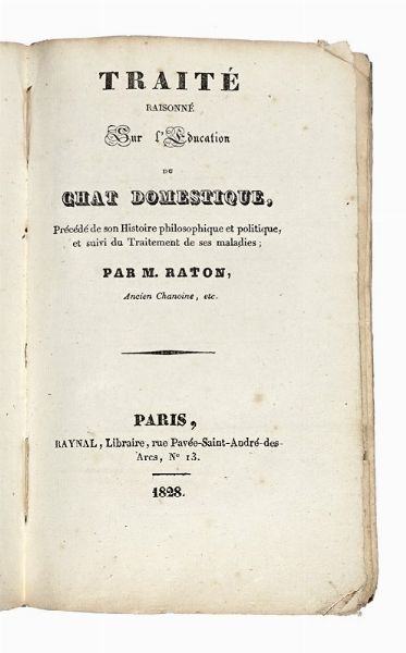 JEAN REDARES : Trait raisonn sur l'ducation du chat domestique...  - Asta Libri, autografi e manoscritti - Associazione Nazionale - Case d'Asta italiane