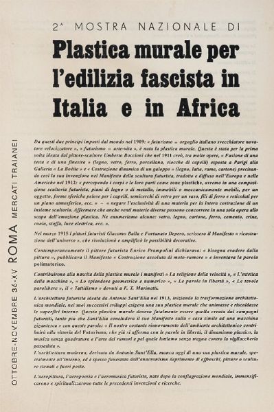 Filippo Tommaso Marinetti : 2 mostra nazionale di Plastica murale per l'edilizia fascista in Italia e in Africa.  - Asta Libri, autografi e manoscritti - Associazione Nazionale - Case d'Asta italiane
