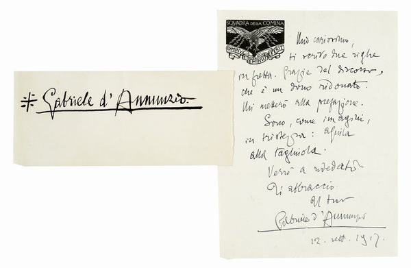 Gabriele D'Annunzio : Lettera autografa firmata.  - Asta Libri, autografi e manoscritti - Associazione Nazionale - Case d'Asta italiane