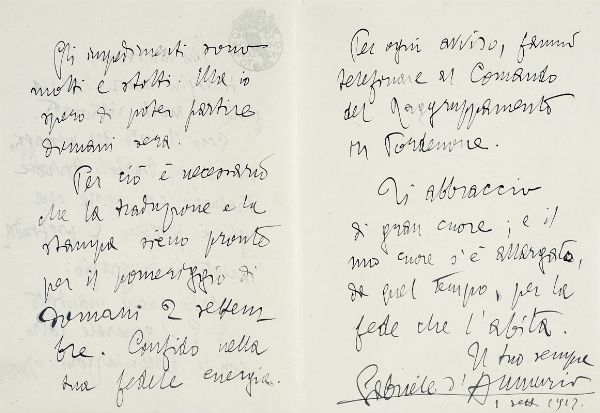 Gabriele D'Annunzio : Lettera autografa firmata.  - Asta Libri, autografi e manoscritti - Associazione Nazionale - Case d'Asta italiane