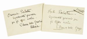 Gabriele D'Annunzio - 2 buste autografe inviate a Francesco Salata, Segretario Generale per gli Affari Civili. S. Maria delle Grazie, Udine.