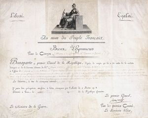 NAPOLÉON - IMPERATORE DEI FRANCESI - Brevet d'honneur con firma autografa Bonaparte.