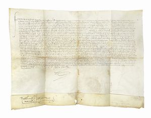 FERDINANDO II ARAGONA : Privilegio su pergamena con intestazione Ferdinandus e firma.  - Asta Libri, autografi e manoscritti - Associazione Nazionale - Case d'Asta italiane