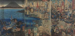 ARTE GIAPPONESE - Stampa giapponese raffigurante una grande battaglia tra rappresentanti di diversi clan.probabilmente firmata Yoshikuni.