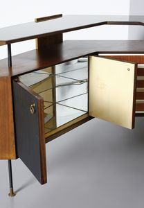 MANIFATTURA ITALIANA : Mobile-bar pensile con stipo a due ante e cassetti e sgabello  - Asta Asta 438 | DESIGN E ARTI DECORATIVE DEL NOVECENTO Online - Associazione Nazionale - Case d'Asta italiane