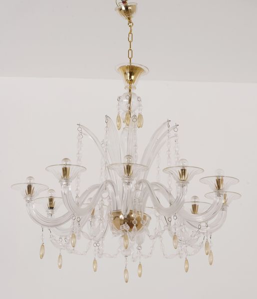 Lampadario a dieci braccia in cristallo di Murano bianco e oro  - Asta Decoro in stile antico Palazzo Pugliese - Associazione Nazionale - Case d'Asta italiane