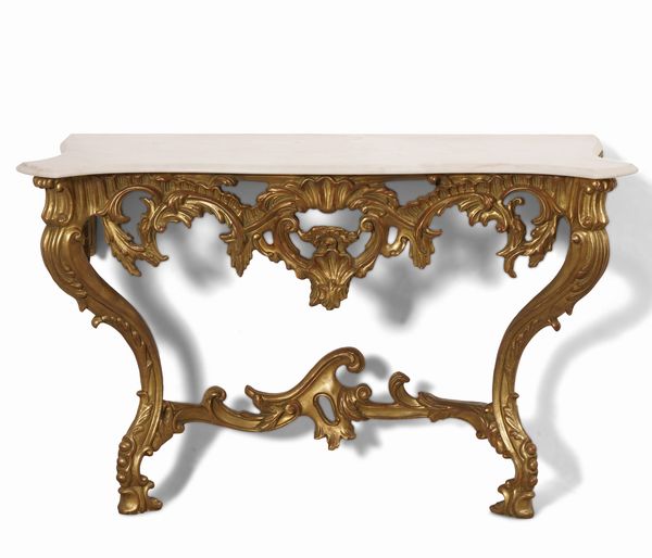 Consolle in legno intagliato e dorato. XX secolo  - Asta Decoro in stile antico Palazzo Pugliese - Associazione Nazionale - Case d'Asta italiane