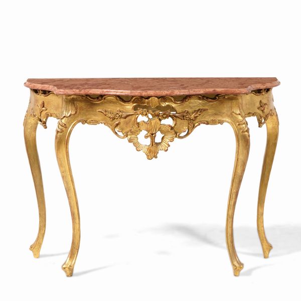 Consolle in legno intagliato e dorato. XX secolo  - Asta Decoro in stile antico Palazzo Pugliese - Associazione Nazionale - Case d'Asta italiane