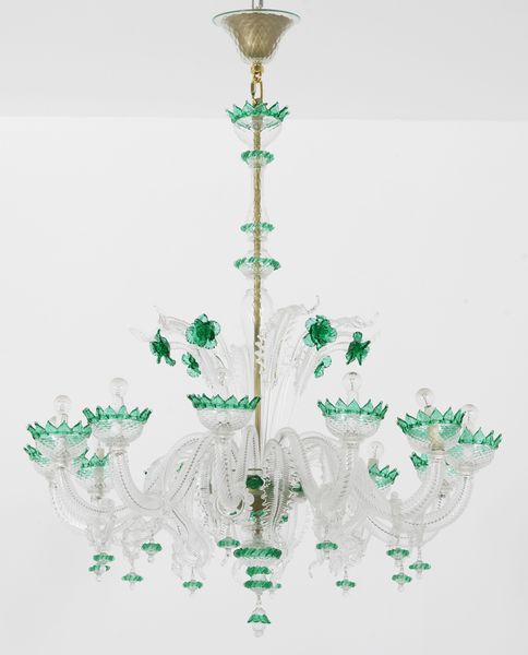 Lampadario a dodici braccia in cristallo di Murano bianco e verde  - Asta Decoro in stile antico Palazzo Pugliese - Associazione Nazionale - Case d'Asta italiane