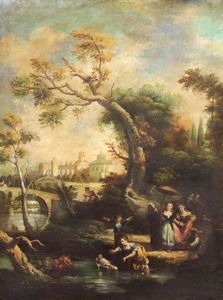 Pittore del XX secolo Fanciulle sul fiume  - Asta Decoro in stile antico Palazzo Pugliese - Associazione Nazionale - Case d'Asta italiane