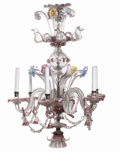 Lampadario in vetro di Murano policromo a sei braccia. XX secolo  - Asta Antiquariato - Associazione Nazionale - Case d'Asta italiane