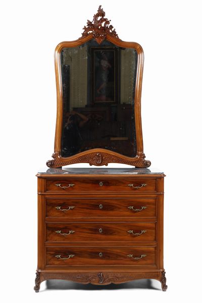 Com in legno a quattro cassetti con specchiera. XIX secolo  - Asta Antiquariato - Associazione Nazionale - Case d'Asta italiane