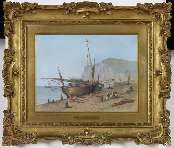 Consalvo Carelli, Attribuito a : Veduta costiera con veliero e personaggi  - Asta Pittura del XIX-XX secolo - Associazione Nazionale - Case d'Asta italiane