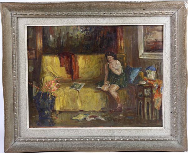 Anonimo XX secolo Interno con figura femminile sul divano  - Asta Pittura del XIX-XX secolo - Associazione Nazionale - Case d'Asta italiane