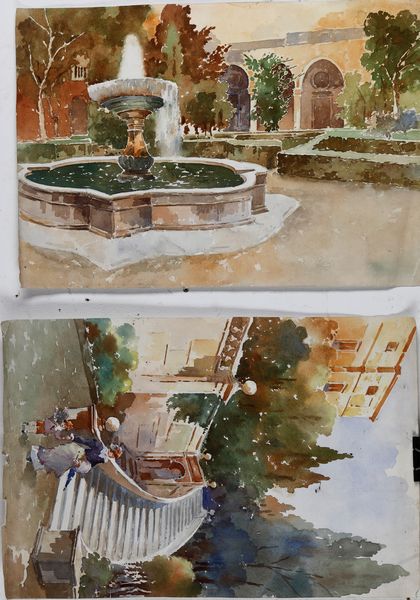 Guido Maria Balsamo Stella (Torino, 1882 � Asolo, 1941) �In villa� e �Chiostro con fontana  - Asta Pittura del XIX-XX secolo - Associazione Nazionale - Case d'Asta italiane