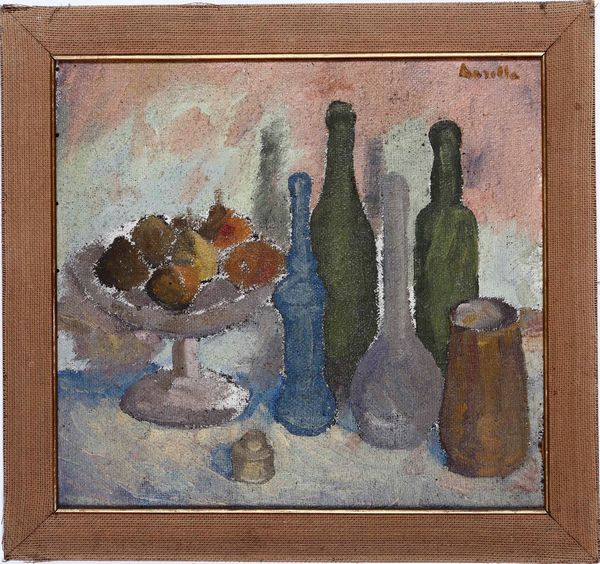 ROCCO BORELLA : Natura morta con bottiglie  - Asta Pittura del XIX-XX secolo - Associazione Nazionale - Case d'Asta italiane