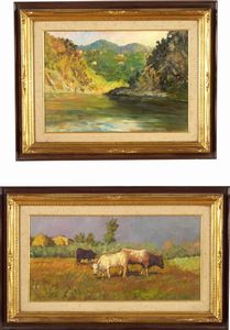 Giovan Battista Lepori - due dipinti ad olio su tavola Veduta di lago<BR>Paesaggio con mucche