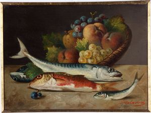 Francesco Malacrea - Natura morta con pesci e frutta