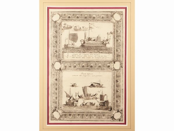 Vincenzo Maria Coronelli : Navi olandesi di Mercantia - Barche differenti praticate dalli Giapponesi sopra gli Fiumi  - Asta Una collezione di stampe - parte I - Associazione Nazionale - Case d'Asta italiane