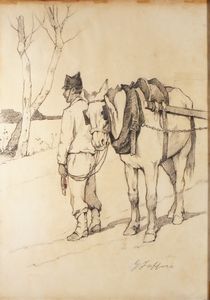 Giovanni Fattori : Cavallo con soldato  - Asta Arte Moderna, Contemporanea e Dipinti del XIX Secolo - Associazione Nazionale - Case d'Asta italiane