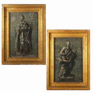 VITTORIA ALESSANDRO (attribuzione) allievo del Sansovino - Lotto di due opere Evangelista Matteo con l'angelo e Papa in triregno e pastorale