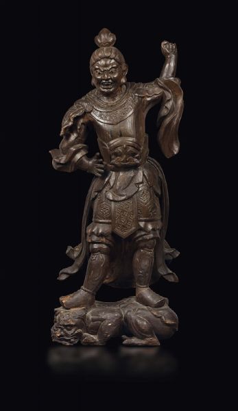 Figura di guardiano Jikokuten scolpito in legno con occhi in vetro, Giappone, XIX secolo  - Asta Fine Chinese Works of Art - Associazione Nazionale - Case d'Asta italiane