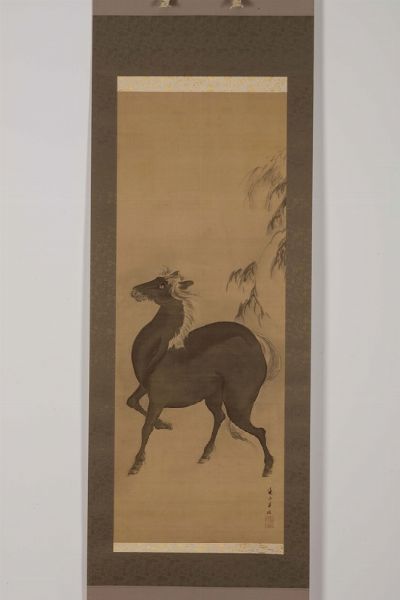 Dipinto su seta raffigurante cavallo, Giappone, firmato Renzan Gantoku (1805-1859)  - Asta Fine Chinese Works of Art - Associazione Nazionale - Case d'Asta italiane
