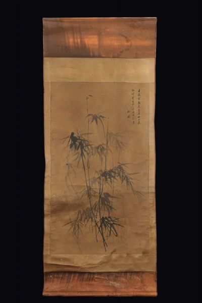 Dipinto su carta raffigurante piante di bamboo con iscrizione, Cina, Dinastia Qing, XIX secolo  - Asta Fine Chinese Works of Art - Associazione Nazionale - Case d'Asta italiane