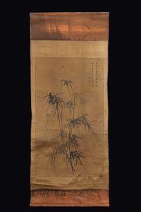 Dipinto su carta raffigurante piante di bamboo con iscrizione, Cina, Dinastia Qing, XIX secolo  - Asta Fine Chinese Works of Art - Associazione Nazionale - Case d'Asta italiane