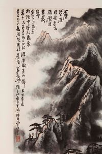 Dipinto su carta raffigurante paesaggio montano con poesia, Cina, Dinastia Qing, XIX secolo  - Asta Fine Chinese Works of Art - Associazione Nazionale - Case d'Asta italiane