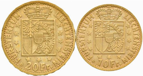 Liechtenstein, FRANZ JOSEPH II, 1938-1989 : LOTTO COMPOSTO DA: 20 franchi e 10 franchi  - Asta Numismatica - Associazione Nazionale - Case d'Asta italiane