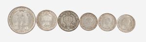 Repubblica di San Marino - Lotto composto da: un 20 Lire 1935, 2 esemplari da 10 Lire 1932, un esemplare da 5 Lire 1933 e 2 esemplari da 5 Lire 1935, Zecca di Roma; Metallo: AR. BB