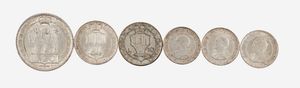 Repubblica di San Marino - Lotto composto da: un 20 Lire 1935, 2 esemplari da 10 Lire 1932, un esemplare da 5 Lire 1933 e 2 esemplari da 5 Lire 1935, Zecca di Roma; Metallo: AR. BB